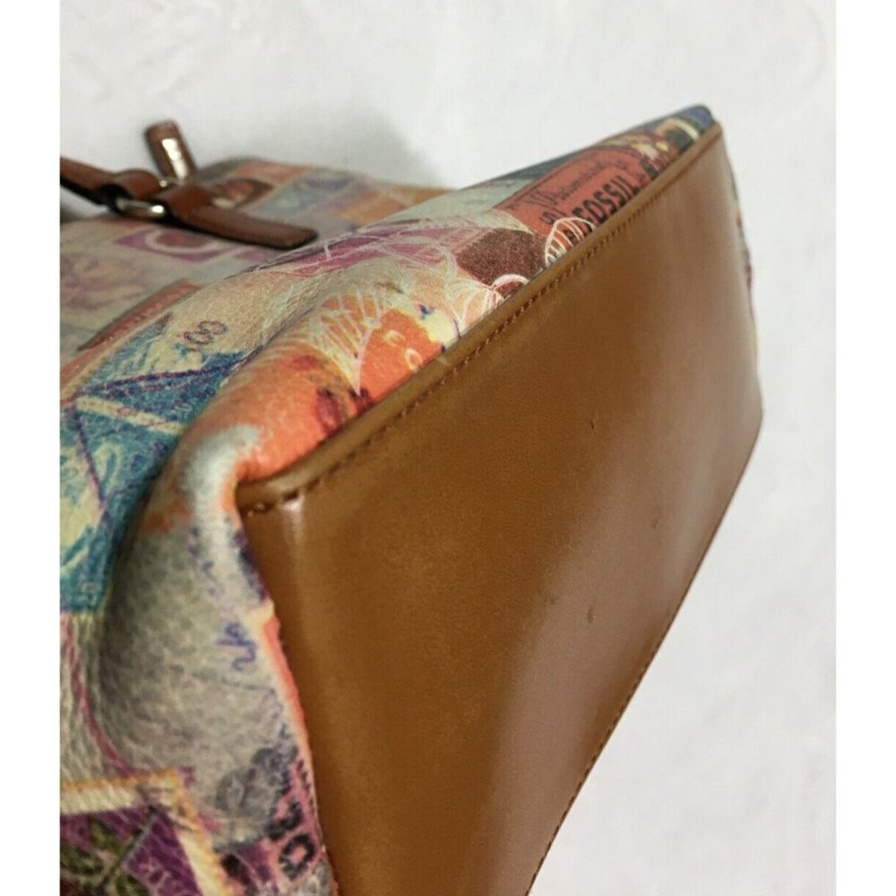 Fossil Leather Handbag Coronado Vintage Stamps Print Satchel NO SHOULDER STRAP - Picture 10 of 16